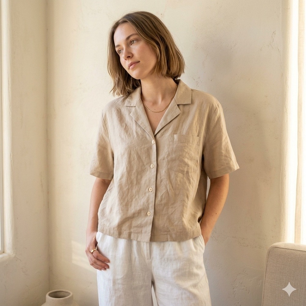 DISSH Womens Linen Top 2 Oatmeal Short Sleeve Button Up Boxy Coastal Minimalist